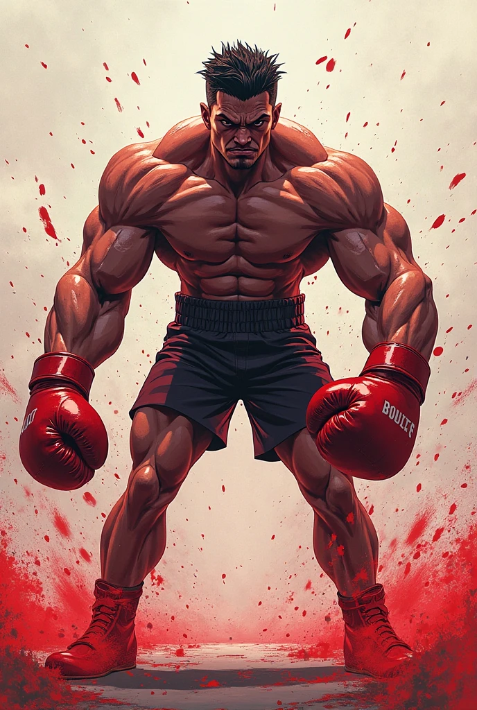 fighting game character, sketch, concept art, shadow, dark color, boxing champion, red boxing gloves, blue and red trunks, shirtless, muscular, on plain white canvas, rough, thin lines,