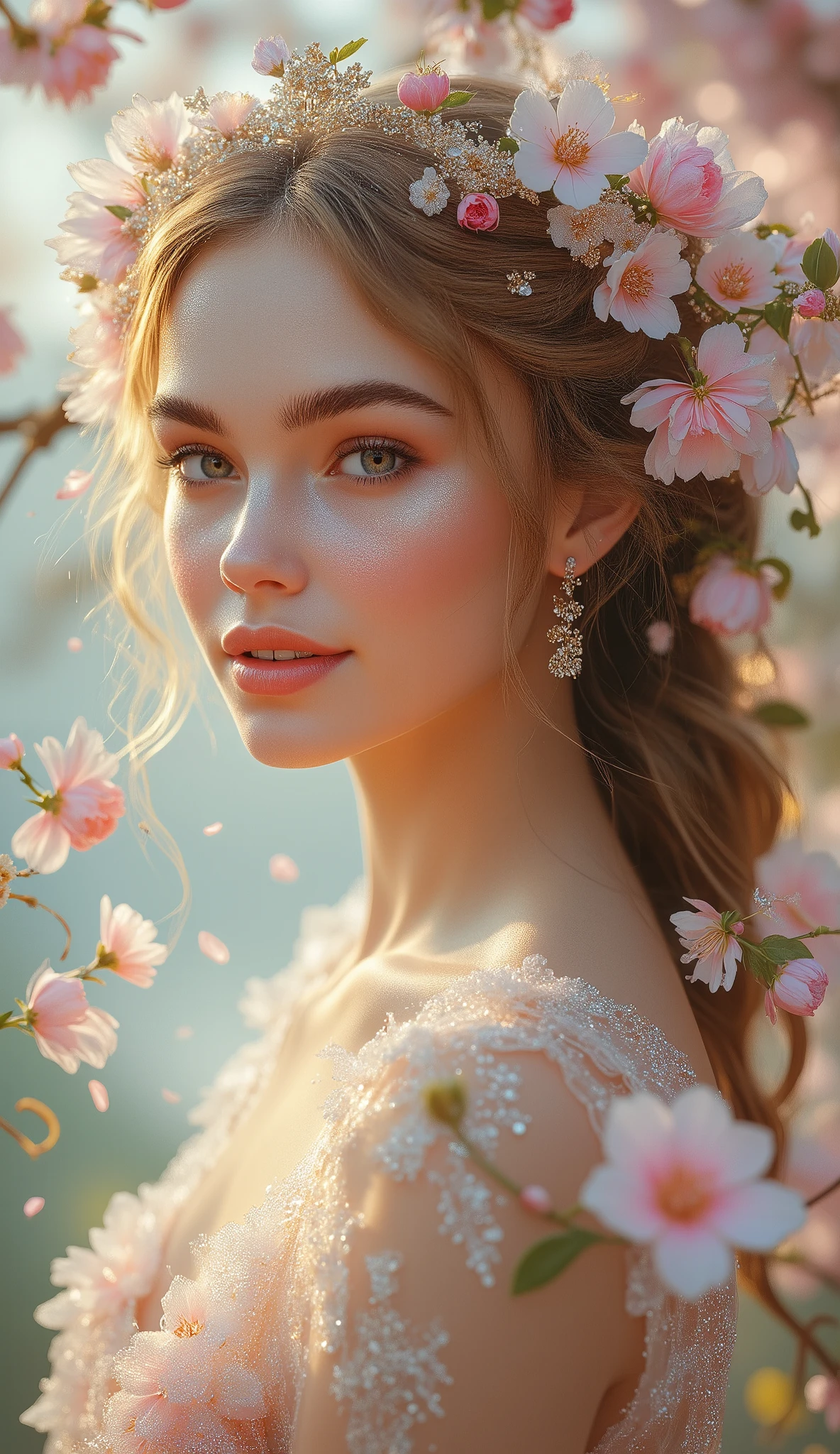 **Prompt:**
*"A breathtakingly beautiful April Month Princess, radiating elegance and the vibrant essence of spring. Her enchanting, hyper-realistic portrait captures her delicate features—sparkling eyes, flawless porcelain skin, and soft, rosy lips curved in a serene smile. She wears an exquisite, flowing dress that seamlessly merges with the April environment, adorned with blooming flowers, fresh greenery, and delicate morning dew. Her lustrous hair cascades in waves, intricately woven with blossoms like cherry petals, tulips, and wisteria, as if nature itself crowns her.
The background softly blurs into a dreamy springscape—pastel skies, floating petals, and golden sunlight filtering through blossoms. Every detail is meticulously crafted: the translucent fabric of her dress, the velvety texture of petals, and the soft glow of ambient light. The 8K illustration is a masterpiece of fantasy realism, evoking a sense of magic and wonder. Highly detailed, visually stunning, and artistically profound, this portrait embodies the ethereal beauty of April in a single, captivating frame."*
**Key Enhancements:**
- Focus on **portrait composition** (face, expression, and intricate details).
- **Hyper-realistic textures** (skin, fabric, flowers) for maximum visual impact.
- **April-specific elements** (cherry blossoms, tulips, spring dew, pastel hues).
- **Mood:** Serene, magical, and softly luminous.
Let me know if you'd like any refinements! 🌸✨