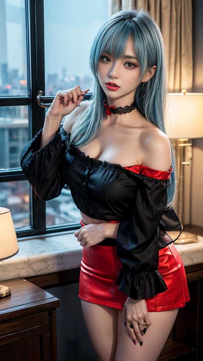 (photo realistic1.2),ultra detailed,(8K),(1girl),(Fantasy:1.5),(Vampire Castle),(bed),(vampire costume:1.5),(fang:1.2),(Vampiric items:1.2)topless,(small nipples),(big breasts: 1.2),nude gravure,beautiful Japanese, clothes in disarray,dangling earrings,skirt,(from above:1.5),(looking at viewer),(kneeling pose),smirk,(upper body),(spread legs:1.2),(blue hair),(half-up, half-down),22years old,red eyes