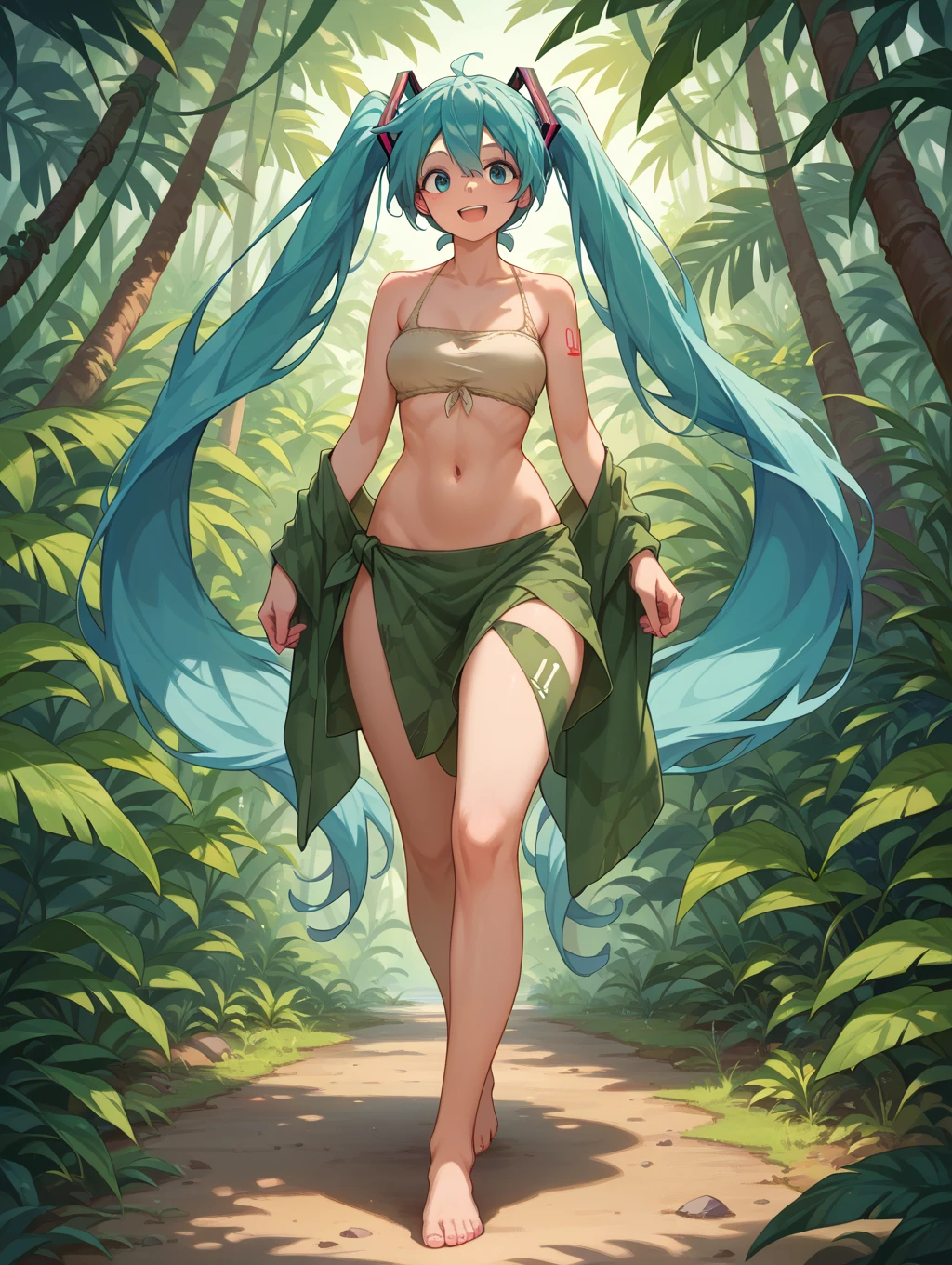 In a forest of large trees there is an even larger Amazonian giantess, with brown skin, black hair, thin, with clothes of the forest, and with very long legs, she is looking for small human invaders of the forest to destroy them so that they do not disturb the peace of the forest. Giantess, goddess, hot, black skin, tall legs, sexy, tiny people, tiny humans, crush, forest, trees, standing, group of small people, slim body