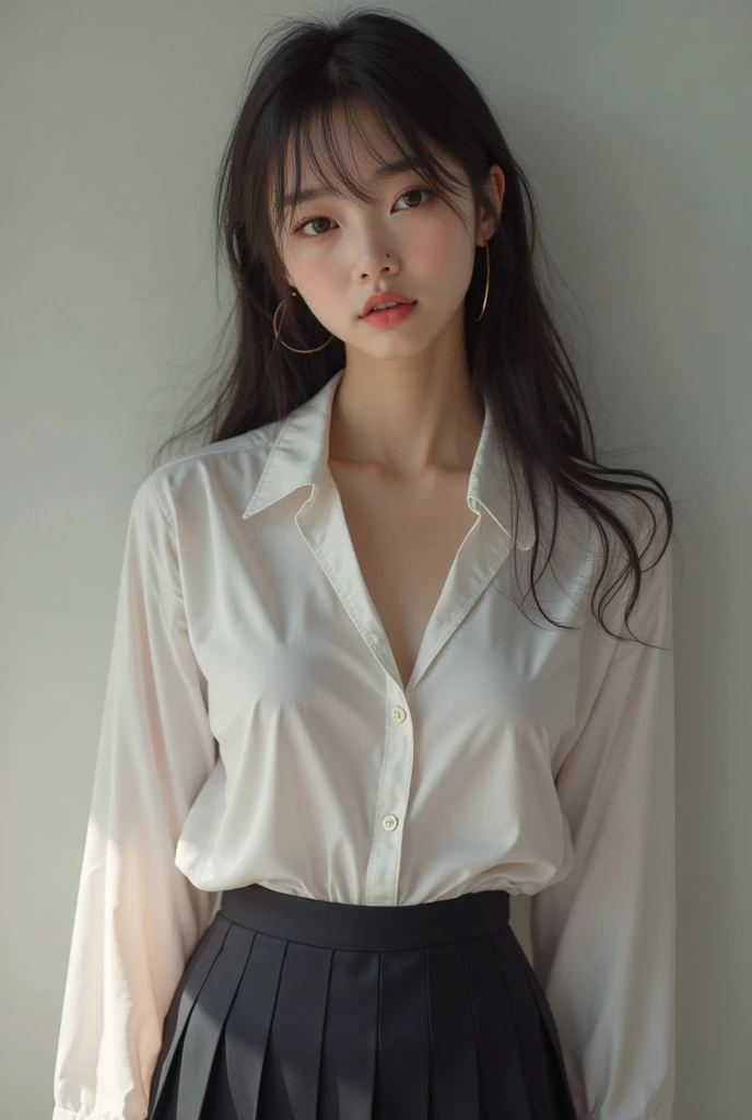 absurdres, RAW photo, extremely delicate and beautiful, masterpiece, Best Quality, ultra high resolution, 32k, hyperrealistic, ultra-detailed, perfect anatomy, super Detailed skin, perfect figure, Super Beauty, Perfect Style, Perfect balance, Beautiful Lighting, Perfect Lightning, Realistic Shadows, 20 years old, very Slim body, narrow waist, very small head, very small face, delicate facial features, handsome detailed woman, very detailed eyes and face, realistic face proportions, Realistic beautiful face, Realistic beautiful eyes, tearful mole, earring, very huge round breasts, legs, medium hair, whole body shot, indoor, school_uniform, dress shirt, pleated skirt, 