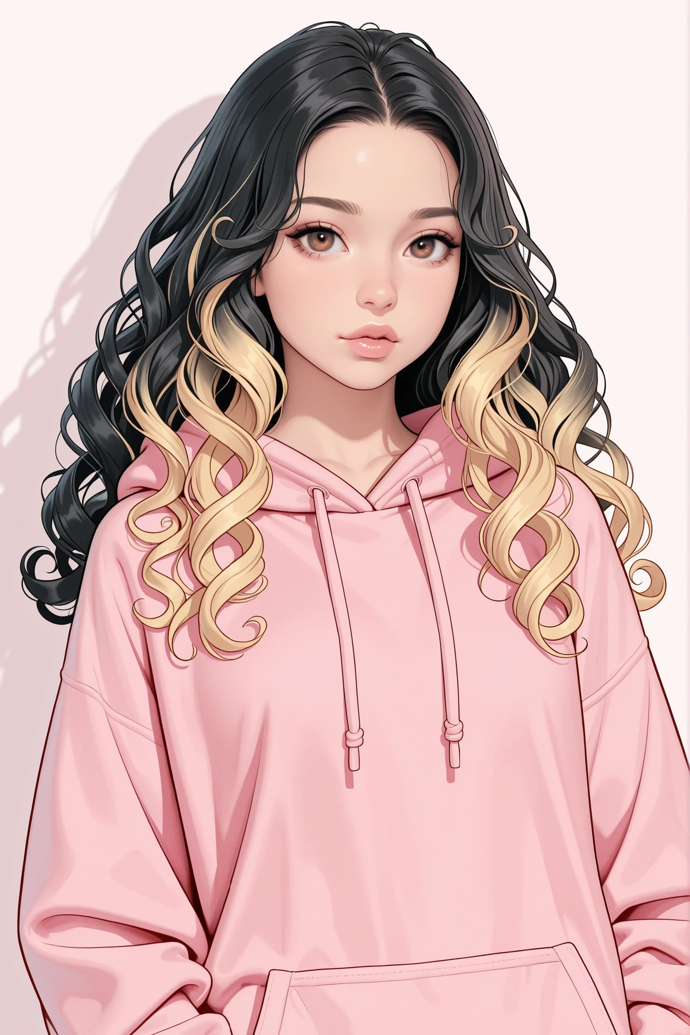 black hair with blonde highlights, long curly hair, long hair, curly girl, slim thick, lips,  lips, brown eyes, oversized hoodie, pink clothes, soft colors, high res, 4k, high definition