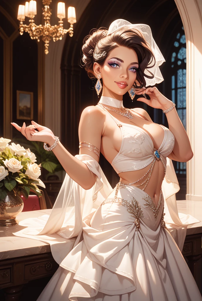 beautiful Latin woman in a wedding dress, the neckline of the dress reveals her nipples; Her dress is fitted and shows off her beautiful, curvy hips; The opening of her dress reveals her juicy vulva; She has lipstick painted lipstick, light makeup on her cheekbones, wonderful details on her eyelashes; she is standing outside the baroque style church; extremely sensual figure, expressions of sexual innuendo, seductive look