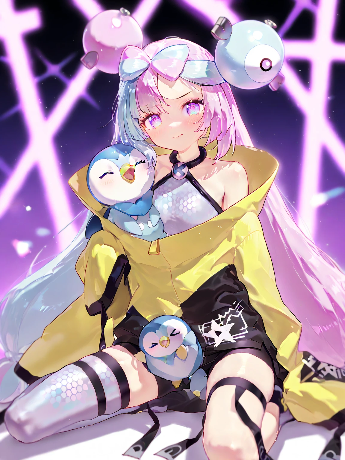 ((Highest quality)), ((masterpiece)), ((Ultra-detailed)), (非常にcute),woman, solo, Friendly attitude,(()),womanはとても(cute)with(cute)Appearance,Light blue eyes,Brown hair and dark brown inner tip color,Light background,Long Hair - Straight,Linear Art, Knee-high socks、Wearing purple and white jersey、Wearing a loose hood