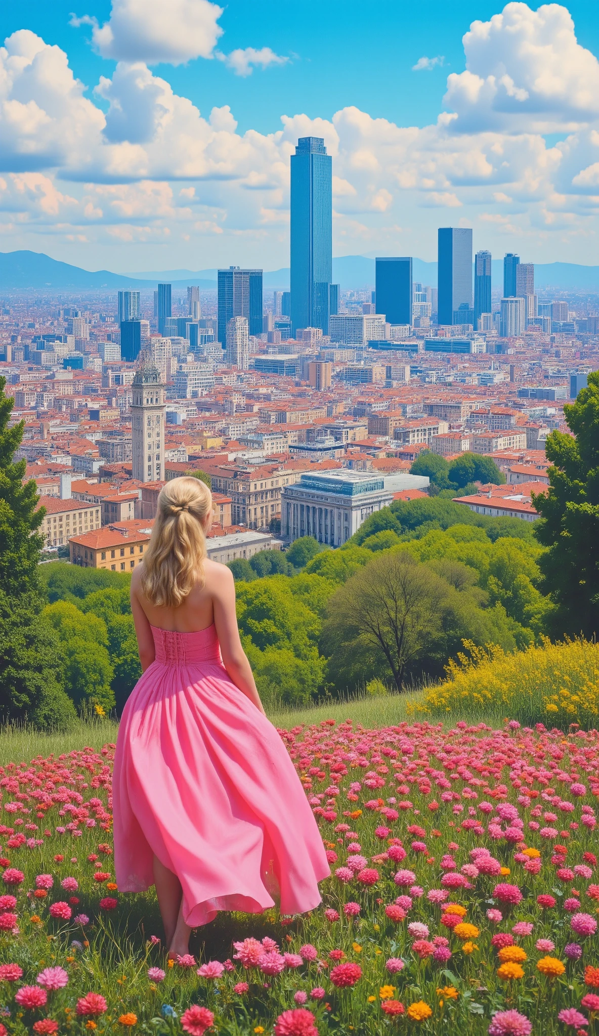 In HD images、Colorful painting、(Very attractive wallpaper)、Scenery from a hill overlooking the city of Milan、A woman in a pink dress is enjoying the scenery、 full body high resolution image 、Chromatic Aberration、Inclusive 、Flower field in front of me、Detailed Milan cityscape。