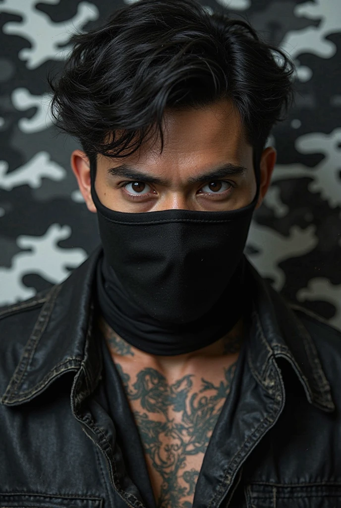A person wears a face shield（Para cobrir seu rosto），Handsome，rogue，Sense of oppression，Full body photo，Don't take a headshot，Punk head，Hair color is white，Upper body nudity，Tattooed with，Muscular，rule 34
