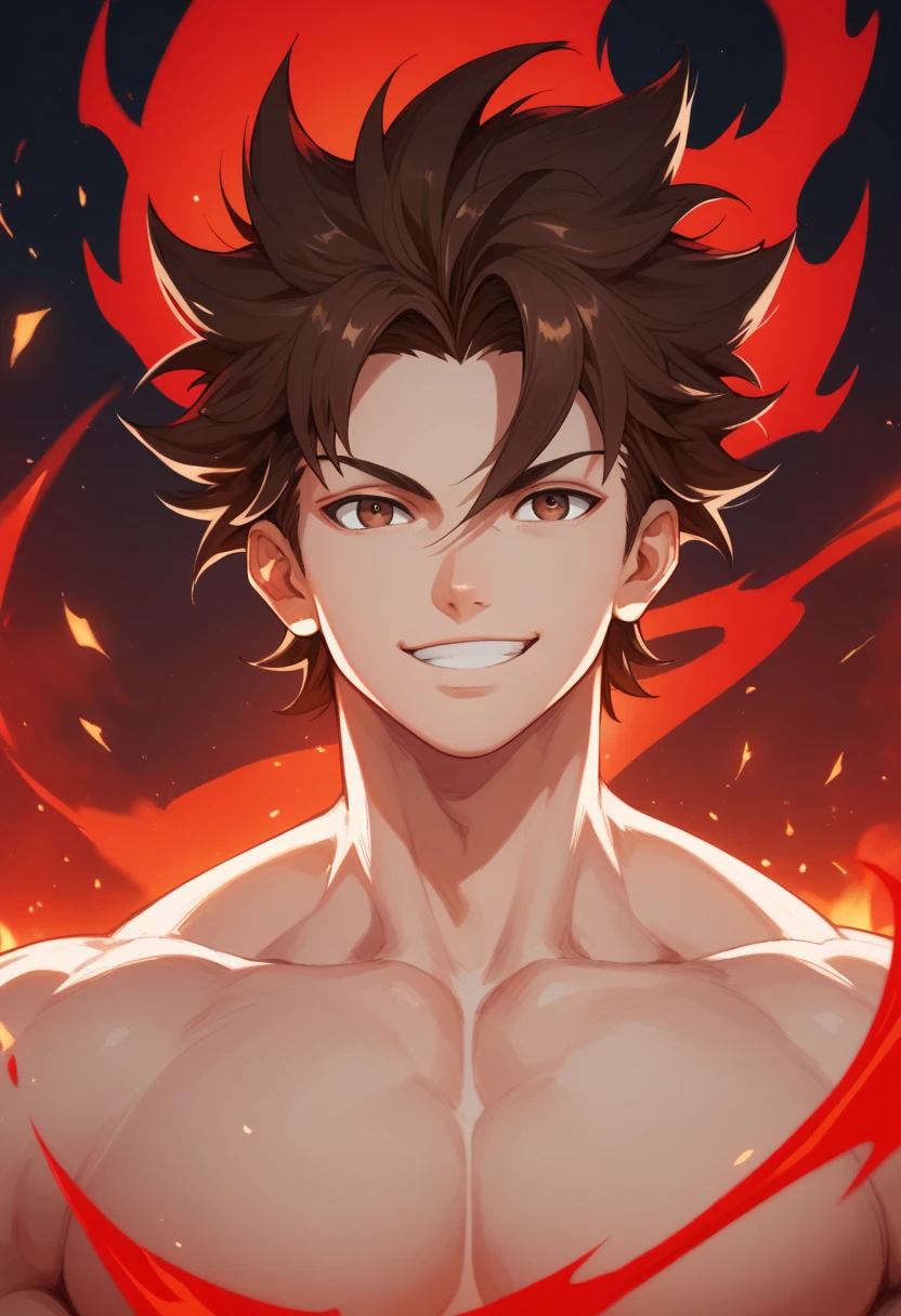 brown hair, white skin, spiky hair, strong physique, bright brown eyes, black and red energy, red winds, man, anime style, fighter, smiling, night, fantastic lighting, character focus, solo, red energy, messy hair, strong, japanese temple