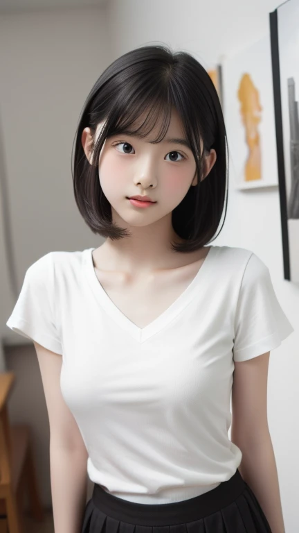 A girl wearing a large men&#39;s size T-shirt、The silhouette can be seen even from above the T-shirt.、Stand with open arms、抜群のsmile、bob hair、highly detailed face、Professional lighting for the face、Photoreal、抜群のsmile、(In 8K) ,fine skin、detailed hair、 master piece, (No retouching, lip gloss, false eyelashes, real skin, top quality, Super high resolution, Depth of bounds written, chromatic aberration, caustics, wide lighting, natural shading))korean idol、live action、ordering sauce、japanese model, Photographed with canon eoa 6 d mark ii, Photographed with canon eos 5 d mark iv, young gravure idol,smile