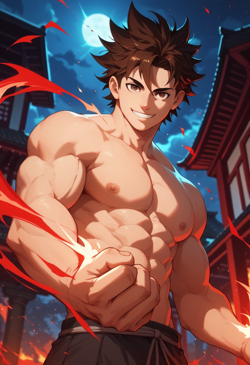brown hair, white skin, spiky hair, strong physique, bright brown eyes, black and red energy, red winds, man, anime style, fighter, smiling, night, fantastic lighting, character focus, solo, red energy, messy hair, strong, japanese temple