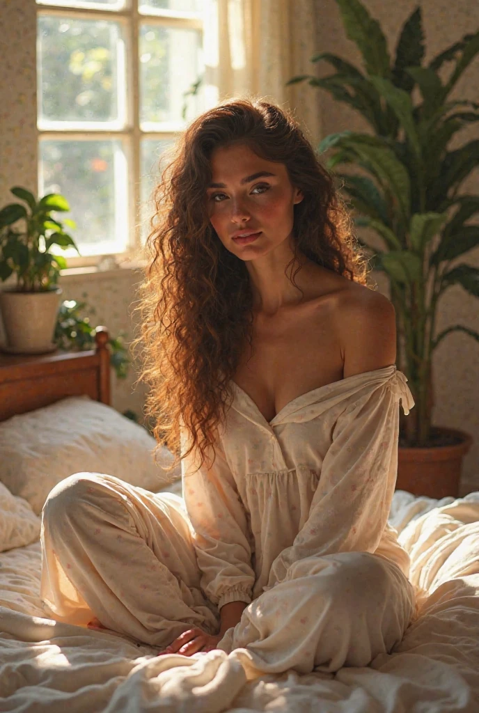 (photorealism:1.2), beautiful woman, sitting on bed, wearing loose off-shoulder top, pajama pants, long curly hair, indoors, soft lighting, plants in background, window with sunlight, cozy room, relaxed pose, realistic, intricate details, warm colors, by Greg Rutkowski, by Alphonse Mucha