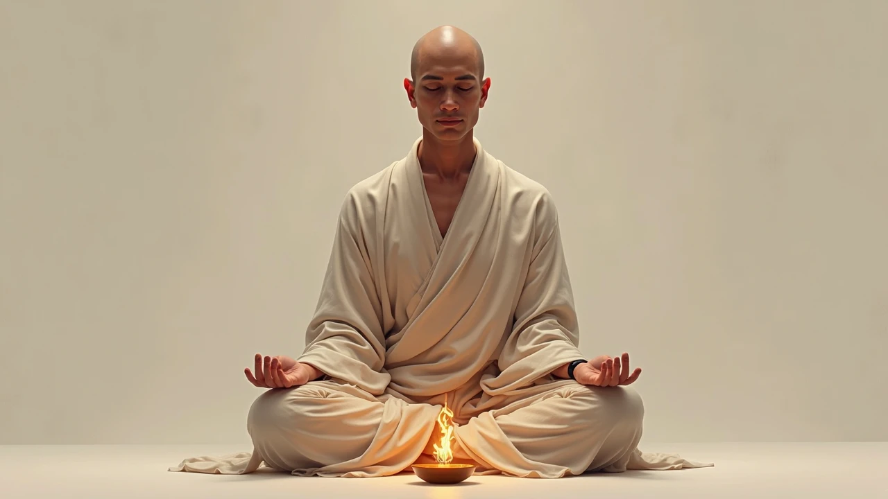 A bald indian yogi with musclea, he's wearing white yogi clothes, he doesn't have any facial hair, his eyes are blue. Potrait shot, his background is of a forest, volumetric lighting. 