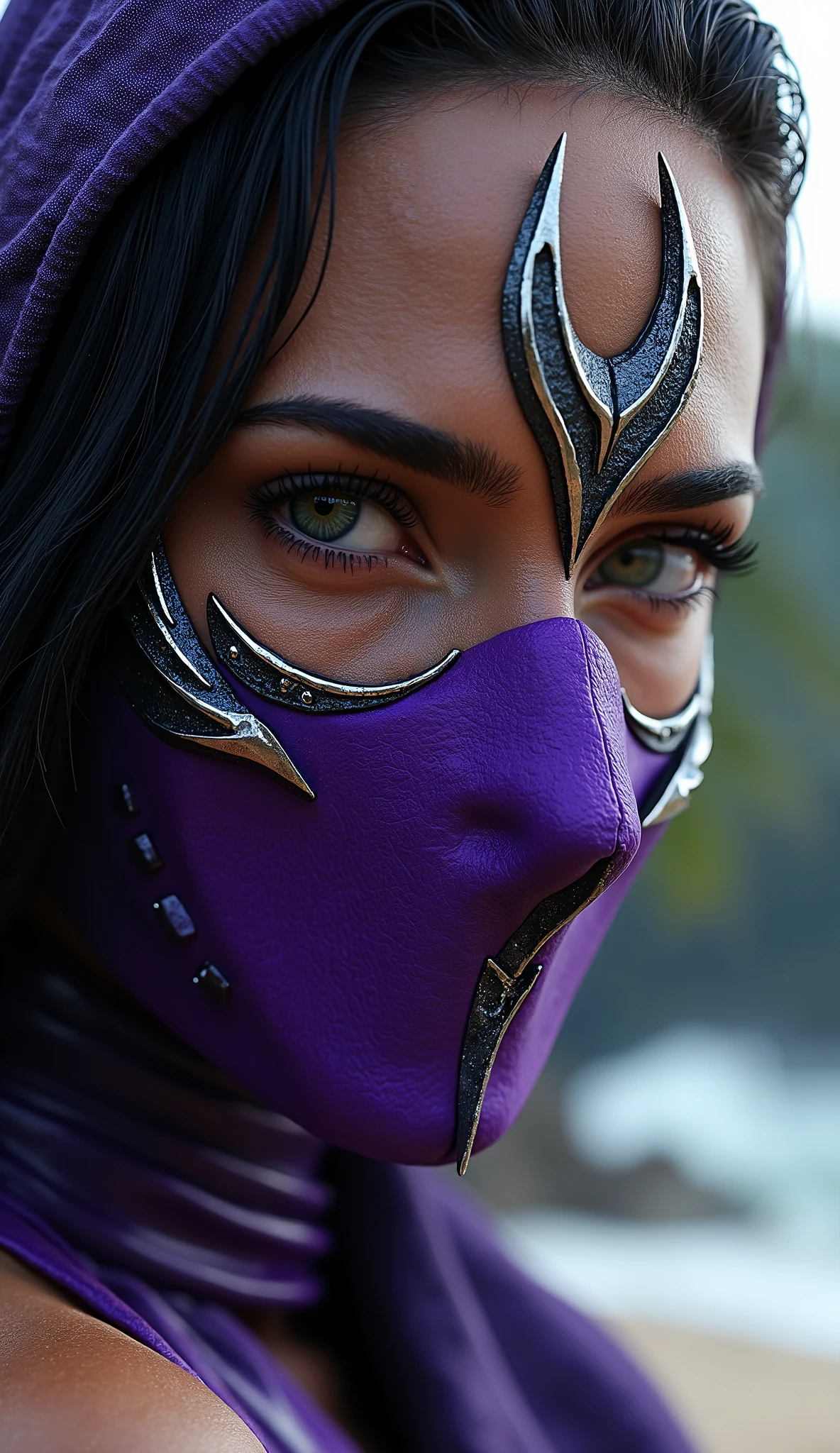 Hyper-realistic photographic style. like Mileena Mortal Kombat. Close-up do rosto. Extremely realistic purple mask and silver details. flawless skin texture. fundo: praia densa, Greg Rutkowski style . dramatic lighting. 8k. 8k, details rendered on the realistic background of Unreal Engine 5. Ultra-detailed Textures , cinematographic lighting