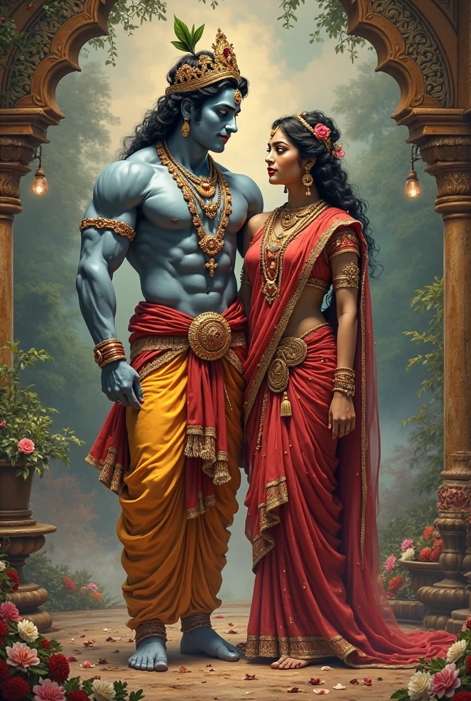 In traditional depictions, Lord Rama is portrayed as a regal prince with a serene and noble demeanor, often dressed in elegant royal attire and holding a bow and arrow. Goddess Sita is shown as a symbol of beauty and grace, often wearing a flowing saree and adorned with delicate jewelry. She typically stands or sits beside Rama, reflecting devotion and purity. Together, they embody the ideals of dharma (righteousness) and marital fidelity, with their expressions and poses conveying deep love and mutual respect.