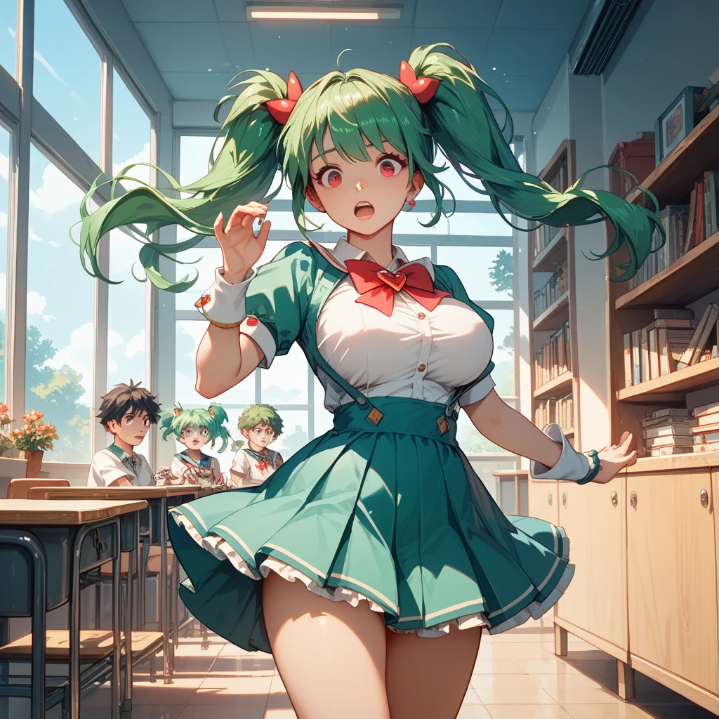The most beautiful school girl, pink hair, green eyes, huge breasts topless breasts exposed, lifting up skirt, wearing no panties, in a classroom