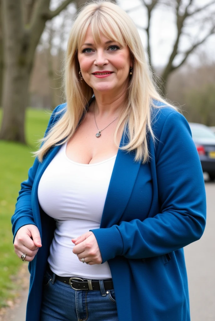 Chubby woman, 40 years old white Caucasian wom walking inside mall, long straight blonde hair, big breasts, daily, casual, soft smile, elegant, make-up, lipstick 