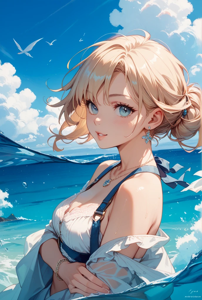 17 years old Women, ((Blonde)), ((Blue eyes)), ((Short hair)), ((Full shot)), very detailed makeup, pale pink lipstick, long earrings, bare shoulders and jewelry necklace, resting on the deck of a yacht, dressed in a yellow bikini, with gold bracelets on her arm