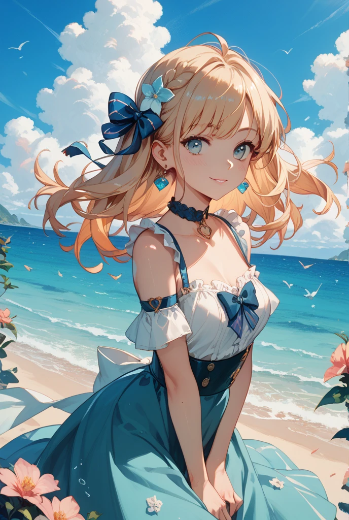 Delicate and beautiful CG art),(highest quality, Very detailed, High resolution),(Dynamic Angle, Dynamic Lighting),(One character),(Long pink and blonde hair), blue eyes, Beautiful Face), 1 girl, (Long sideburns, plant, smile, long blue dress, 3 days, Ocean, water, Beach ball, shell, sunny, the wind is strong