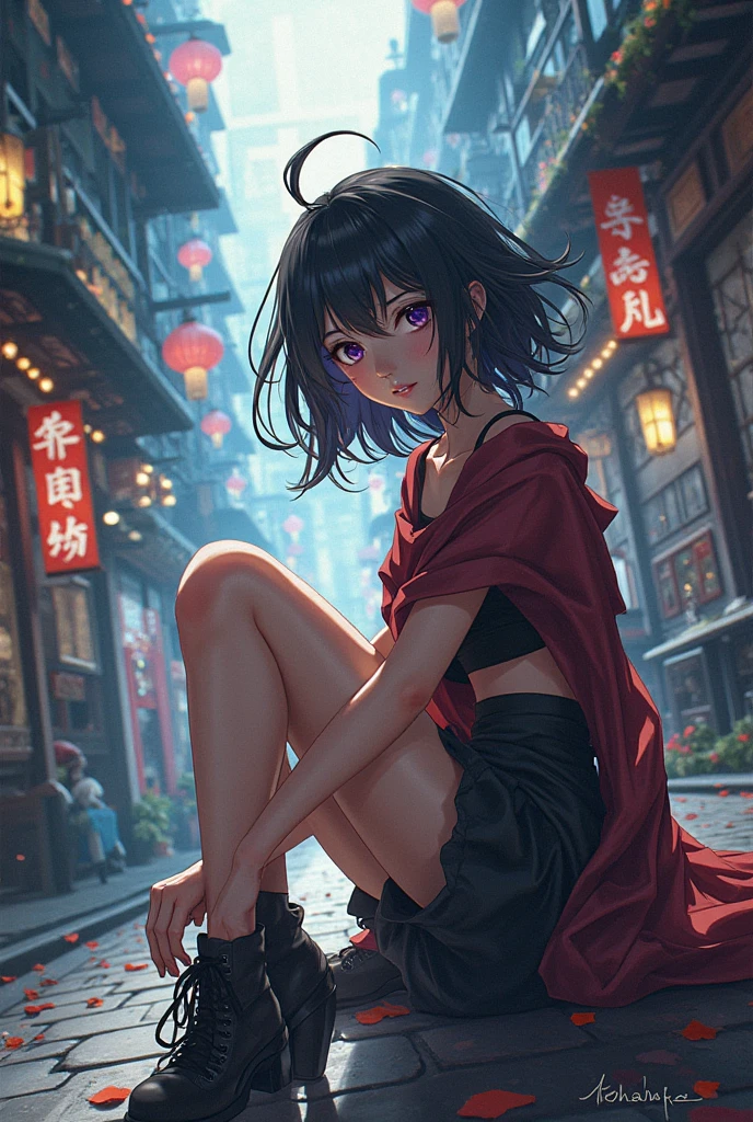 ninja woman, with loose black clothes, a band or ribbon on his head and two katanas on his back. It is perched on the roof of a building, and in the background are the lights of the city 