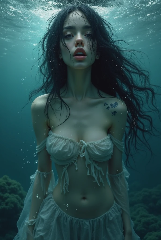 the depths and darkest part of the ocean, a tribut to the life on the depths and the death of the light, woman with 22 years old, blue long hair, floating at the surface of the ocean at night, beautiful face, emerald eyes, detailed perfect body, full body, phosphorescent skin, red glowing skin, at background there is a big storm wall, above the storm there are stars, luminescent, 8K, HD,