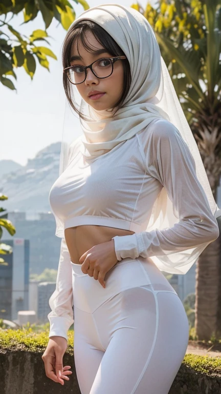 Young sweet beautiful Indonesian girl, 22 years old, slim body, georgeus face, wearing white thin one piece see through simple hijab, all her hairs must be covered by hijab, wearing white thin long sleeve buttoned transparent long strict t-shirt, wearing white see through thin strict trousers, no underwear, sweat on all her skin, all her body and face are wet, hairy vagina visible through and exposed cast to her trousers, standing cheerful on Bogor city sidewalk going to the sport center, realistic, very detail,