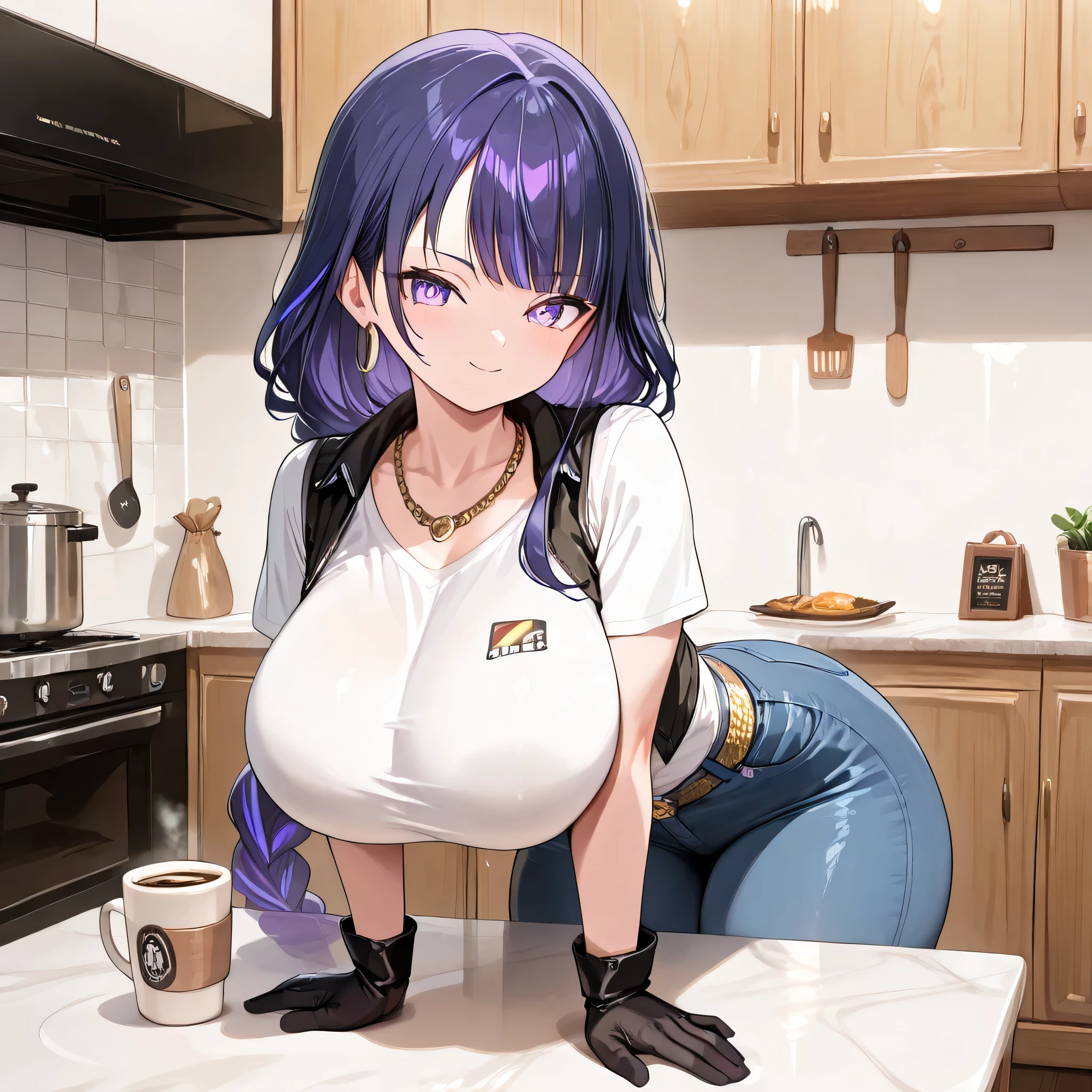 masterpiece, best quality, very aesthetic, absurdres, safe, raiden shogun, beautiful purple eyes ,long braided hair, long purple hair ,pony, android 18 costume ,wearing a plain white t-shirt layered over a black vest-style top , Her pants are light blue jeans with evident stitching and detailing, shirt tucked into pants,and she is wearing a gold-toned buckle belt.She is wearing a gold hoop earring ,gold beaded necklace.Her hands wearing black gloves, ultra very big breast, smile face, sexy pose, fullface body, serious face ,solo woman , anatomical details , drawstring , indoor , best quality , good eye , sit on table, apartement, kitchen, drinking coffee, look a viewer , plump thighs , perfect background , Oppai / Large breasts slim body , only one woman , perfect big thighs , side , 8k resolution, android 18 costume, big ass, sexy pose