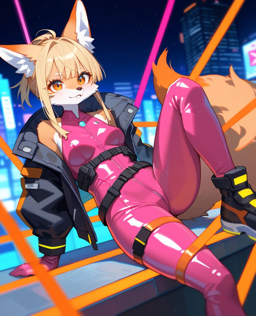Detailed background, Cyberpunk Cityscape, Neon-lit buildings tower into the sky, The rain-soaked streets reflected the bright lights, (Hairy Women:1.1), Renamon character in the Digimon series，Has smooth orange fur with white accents, ((She has cybernetic enhancements integrated into her body.):1.4), Under the transparent skin，The gleaming circuit is clearly visible, The sharp claws gleam in the dim light, (fit，Slightly muscular:0.9), Hold your head high in the bustling city atmosphere、Be confident., rest
(Hardliners, Outline), furry anime kemono, (Line Art:0.6), (flat shading, Flat color:1.1), (Vibrant colors:1.1), [From dagasi|Ansela:1.4]