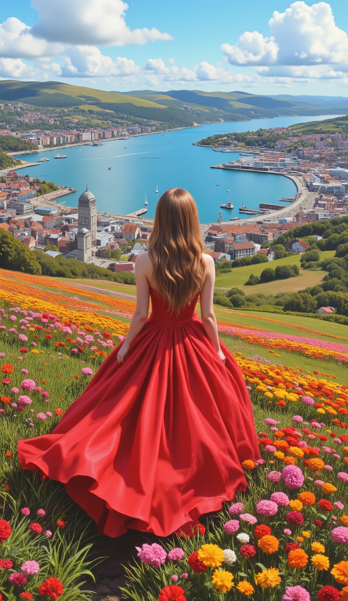 In HD images、Colorful painting、(Very attractive wallpaper)、Scenery from the hill overlooking the city of Portsmouth Harbour、A woman in a red dress is enjoying the scenery、full body high resolution image、 Color Difference、Inclusive 、The flower field spreading out in front of me、captures Portsmouth's harbor in detail