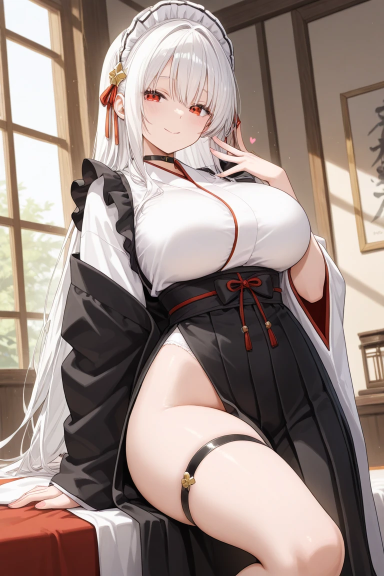 Make a full body character with 2D graphics based on current anime 4k-8k The character is 22 years old. Mature body with big breasts and curves. Eyes red, white cat ears, long white hair down to the ankles. Cat's furry tail. The outfit is a mix of traditional Japanese kimono, Qipao chines stylized in a cyberpunk way. The colors of the clothes are predominantly white with details of blood red and gold.. With sock 3/4 black and white, sandalhas ninja estilo cyberpunk.