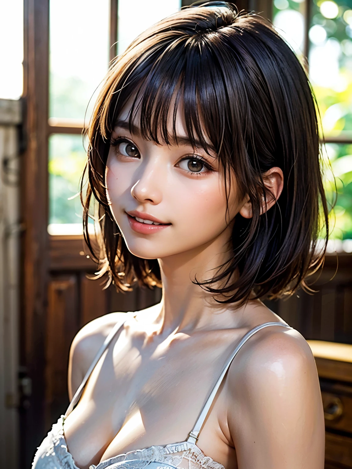 ((of the highest quality, 8K, masutepiece: 1.3, Raw photo)), Sharp Focus: 1.2, (1 AESPA Girl :1.1), Solo, (Realistic, Photorealistic: 1.37), (Face Focus: 1.1), Cute face, hyperdetailed face, Short messy hair, Small Smile, Small breasts, flat chest, nude, (white chiffon camisole, chiffon panties: 1.3), Thigh, (Night, bar, cafe: 1.2), flower, Cattleya