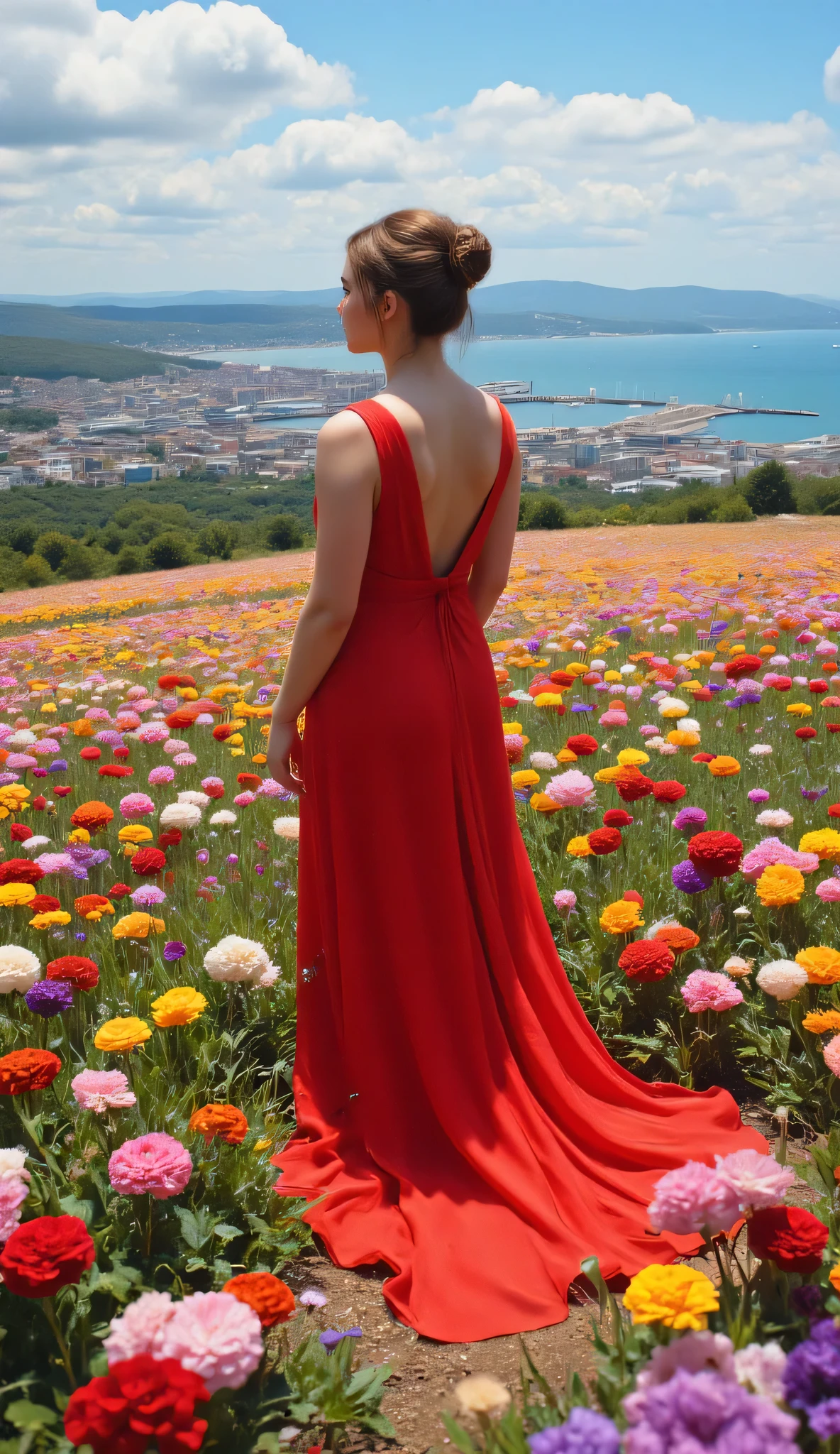 In HD images、Colorful painting、(Very attractive wallpaper)、Scenery from the hill overlooking the city of Portsmouth Harbour、A woman in a red dress is enjoying the scenery、full body high resolution image、 Color Difference、Inclusive 、The flower field spreading out in front of me、captures Portsmouth's harbor in detail