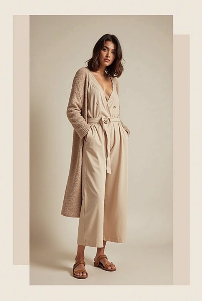 Riley Reid A structured jumpsuit with espadrilles and a scarf, Escort, Average Height, Narrow Hips, Diamond-Shaped Face, Dark Skin, Brunette Hair, grey-blue Eyes, Straight Nose, Thin Lips, Receding Chin, Long Hair, Wavy Hair, Ballerina Bun, round breasts, Threader earrings, pink matte lipstick