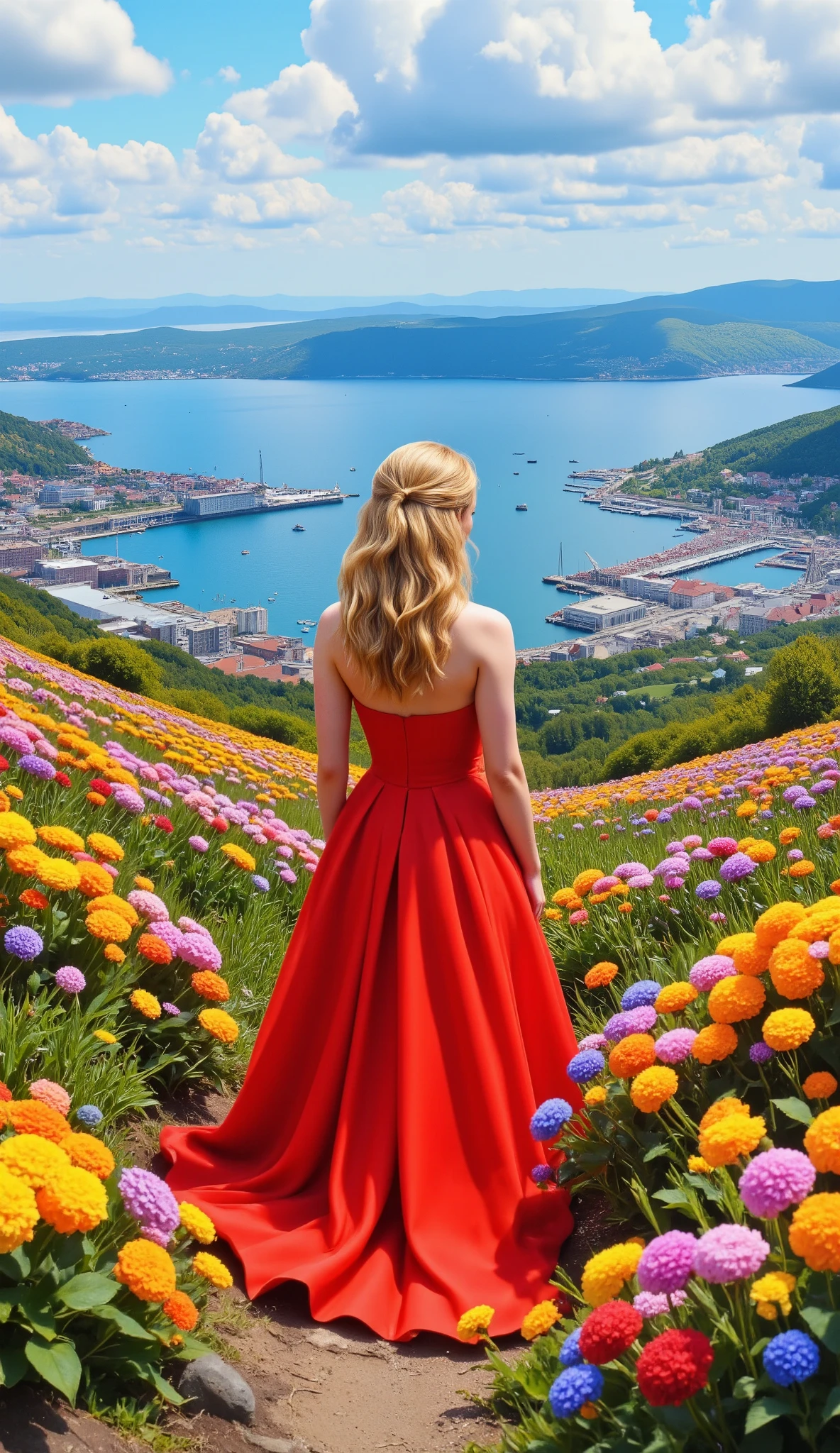 In HD images、Colorful painting、(Very attractive wallpaper)、Scenery from the hill overlooking the city of Portsmouth Harbour、A woman in a red dress is enjoying the scenery、full body high resolution image、 Color Difference、Inclusive 、The flower field spreading out in front of me、captures Portsmouth's harbor in detail