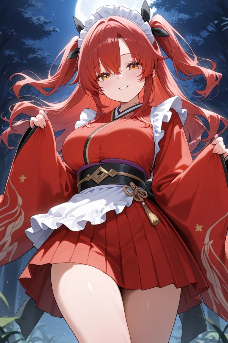 (masterpiece,best quality,high resolution:1.3),(V-sign,peace sign,happy smile,japanese shrine,blue sky:1.2), <lora:test:0.7>,cowboy shot,long hair, thighhighs, red hair, open mouth, hair ornament, red eyes, looking at viewer, ribbon, sash, hair ribbon, standing, two side up, obi, skirt, wide sleeves, japanese clothes, white thighhighs, white ribbon, hair between eyes, zettai ryouiki, white skirt, very long hair, detached sleeves, cleavage cutout,