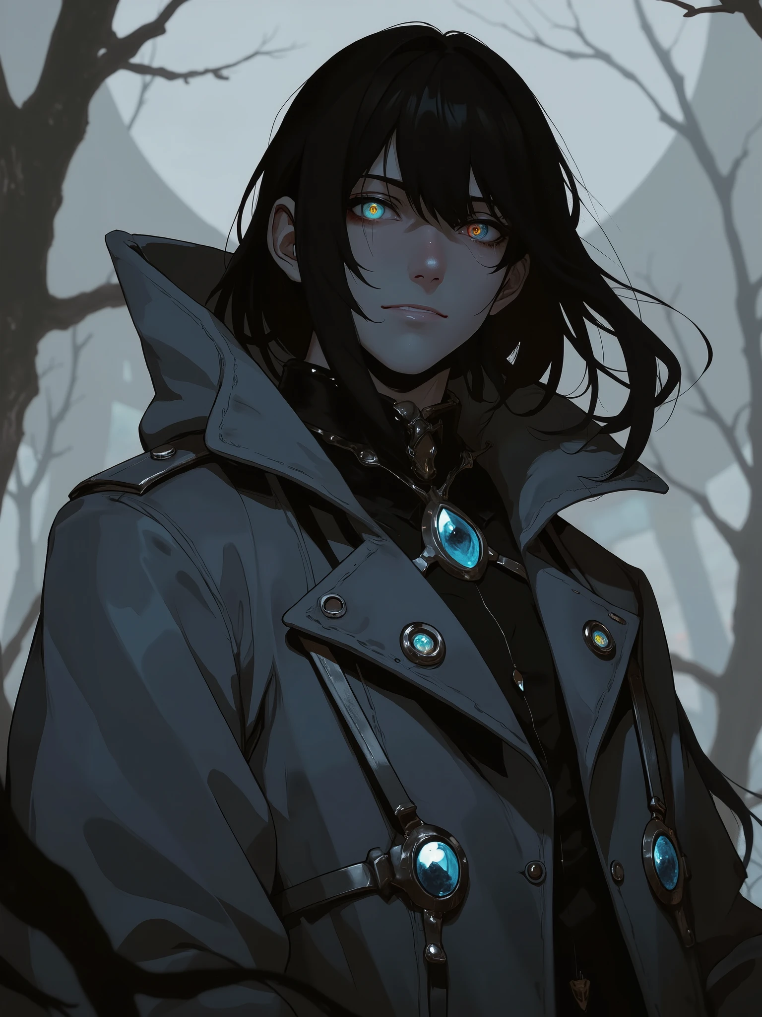 black hair. Homem. Closed gray coat. serious eyes. white eyes. Bone ornaments on clothes