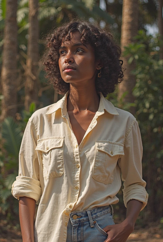 there  a woman that  standing in front of a field, this person does not exist, 40 years old women, a mountain look like a women, rugged  female, mixed-race, french-cuban, entire body visible, neck length black hair