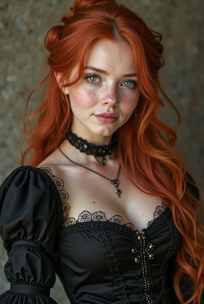 1 girl, 24 years old, (bright red hair:1.3), hair to the shoulders, freckles, blue colored eyes, photoshot, (photoshotrealism:1.4), Realistic anatomy, Bem Cosplay, Full length, in a dark room