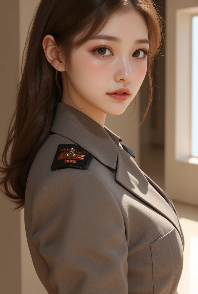 girl, a, top quality, upper body, beautiful, pretty, glossy, room, short hair, masterpiece, cat's eye, army uniform, brunette hair, big ass