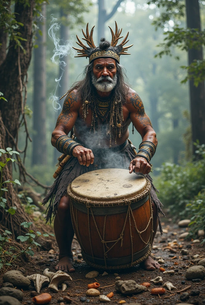 a sullen Indian smokes a pipe, wears a feather headdress, plays a big rock drum kit, and behind him many souls fly into the sky that look like souls