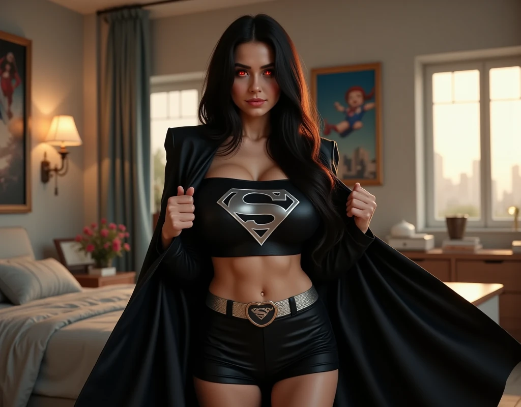 Woman body set large breasts, costume sexy lingerie, superman logo on chest, visible curves, Megan fox's face, breasts focus, sexy pose