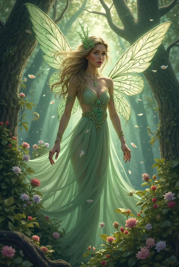 (Masterpiece, Best quality, Ultra-detailed, Best Illustration:1.4), 1 Little Fairy, The wings of the little fairy,(Airflow Maiden:1.1),(See-through:1.5)afloat,Green wind ,Silk fabric,(refractions,Reflection:1.7) , Transparent skin, sunshine day,ln the forest
