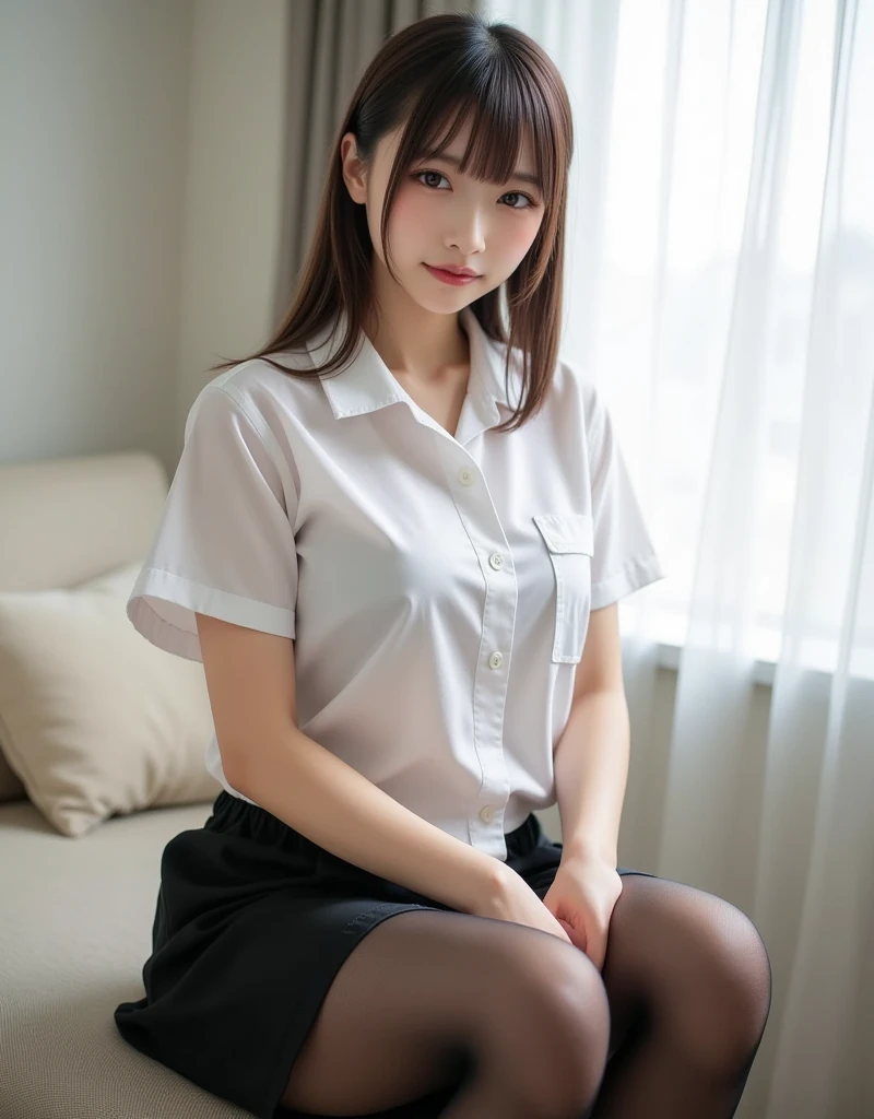 Girl cute beautiful face, Beautiful Japanese girl face, Short hair, Beautiful young Japanese woman, Young and pretty Asian face, Realistic young gravure idol, Young and adorable Japanese face, Gorgeous Young Japanese Woman, Cute young woman, Portrait of a female idol in Japan, Portrait of a Japan teenager,Ample breasts、Beautiful buttocks、Beautiful feet、Hotel Bed,Japan woman sitting, I can see her panties、,Smooth white tight clothing suit, Tight Skirt,mini skirt,Office Clothes, Elegant slim beige shirt, sakimichan, Wearing a blouse, Cream colored blouse, Business Attire, Quality white shirt, Work clothes, White blouse, wearing a White blouse, Business casual attire, Wearing a light shirt, Wearing a white shirt