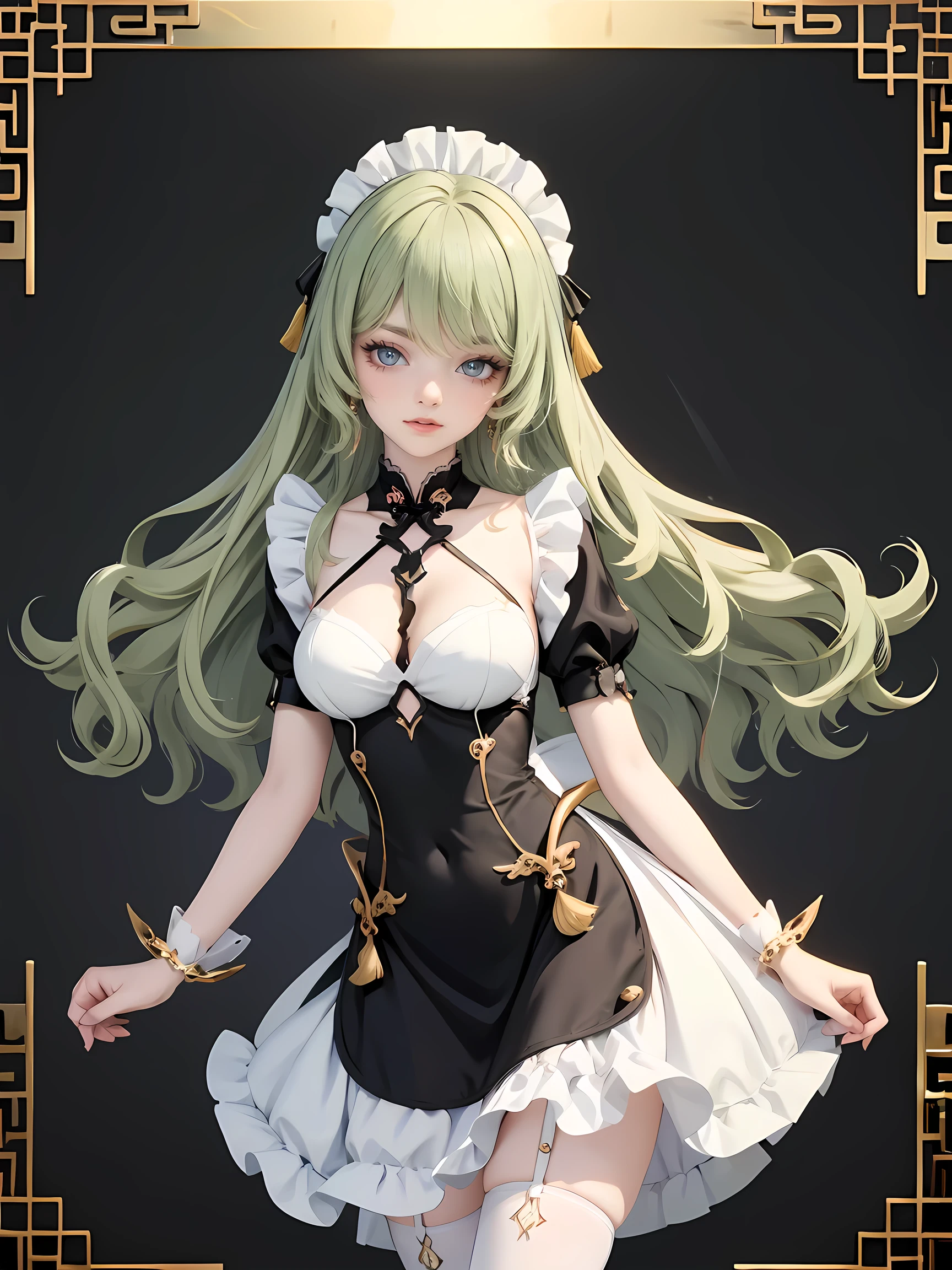 1girl, green hair, harness, black chinese cropped and skirt, chinese maid design, solo, buns hairstyle, symmetrical gloves, unmatched gloves, high socks, puffed socks, white cropped, harness, chinese maid dress, v neckline, garter on the legs, standing up, white apron, maid dress, chinese maid, chinese aesthetic, thigh gap, tassel, harness, very long hair, transparency, solid background, chinese maid uniform, puffed sleeves, too many frills in her dress, magical girl, perfect anatomy, gold jewelry, harness, jewelry, Cute pose, beautiful buns hairstyle, tassel, glow eyes, long hair with buns and bangs, high thigh, frills, harness, chinese maid uniform, chinese maid dress, white apron, garter on the legs, perfect legs, gold jewelry, solid background, standing up, blushing, maid headdress, chinese maid dress with too many frills, Chinese aesthetic, white skirt, puffed skirt, harness, centered girls, perfectly body, glowing hair, magical girl, transparency, golden details on her dress, tassel