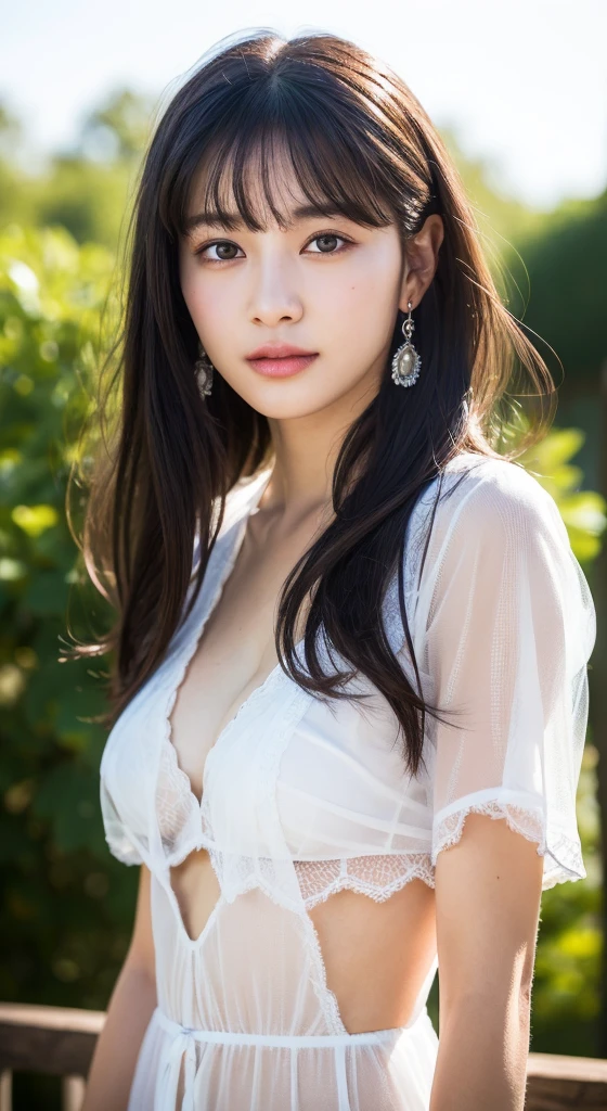 idol、One lady、(long black hair1.3)、With bangs、Cool style、sexy、(huge breasts:1.3)、(masterpiece、top quality)、((20 years old woman:1.2))、Young and lovely Japanese face, Dewy skin, Soft portraits,8K,、It's very, very beautiful、looking at the camera、,Telegraph Esbian、Your hand is off the screen, full body, Model