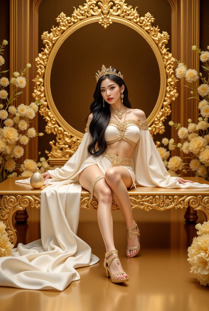 (absurd, tall, ultra detailed)young roman,stone throne,black eyes,sitting on throne,full hd,20 years,beautifull woman, perfect body, full body, perfect face