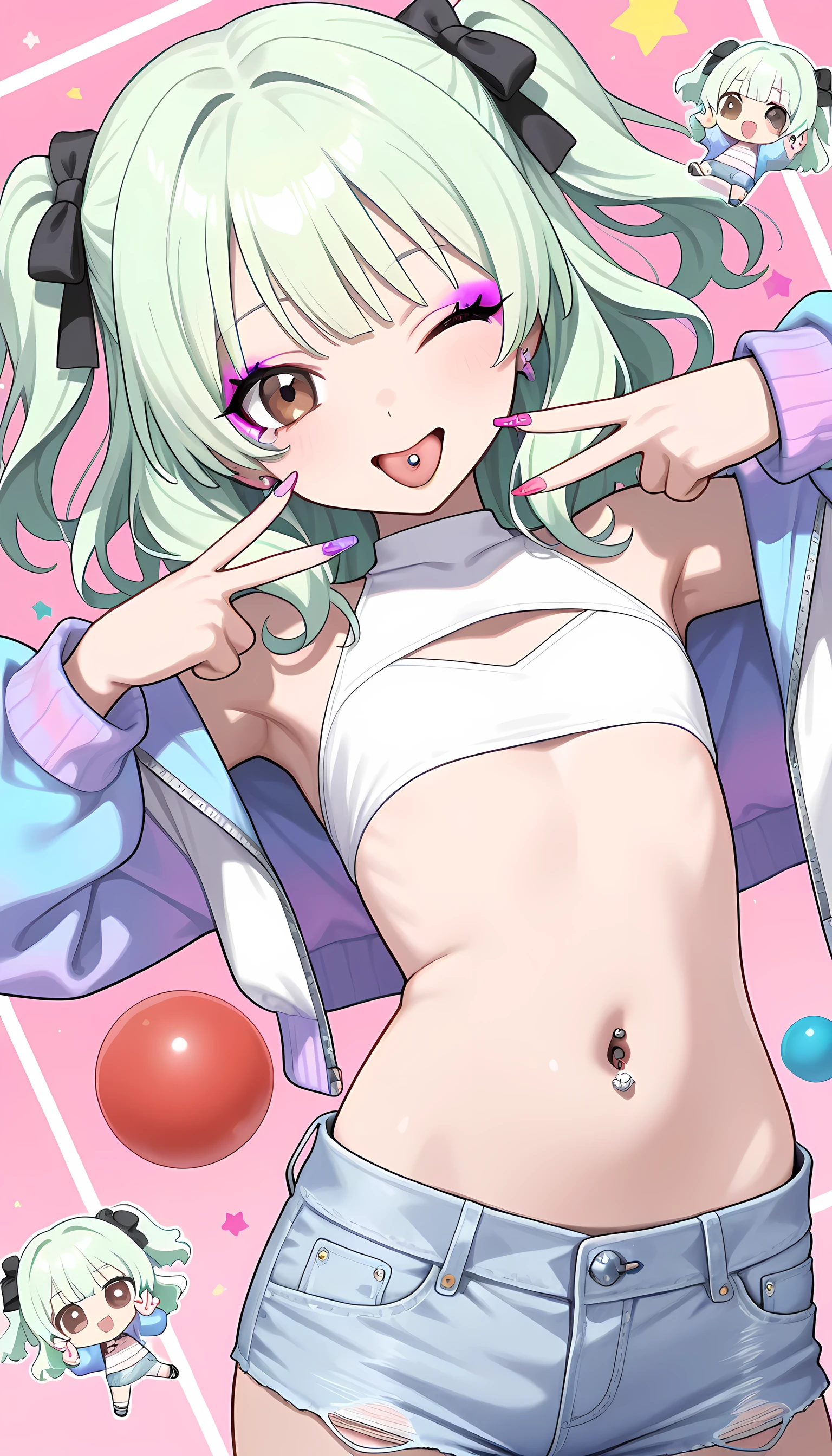 masterpiece, best quality, high quality, good quality, pastel colors, colorful, masterpice, (chibi-style anime illustration ), score_9, score_8_up, score_7_up, score_6_up, 1girl, masterpiece, best quality, high quality, good quality, pastel colors, colorful, masterpice,deformed style ,1girl, medium hair,light green hair, ((two side up)),wavy hair ,brown eyes,wink, face, smile ,gyaru makeup, (ball piercing tongue ), flat chest , (navel piercing) ,slender body ,wearing white High-neck tubetop,denim hotpant,sneaker,gyaru v,double v,dynamic angle, (navel close up:1.3)