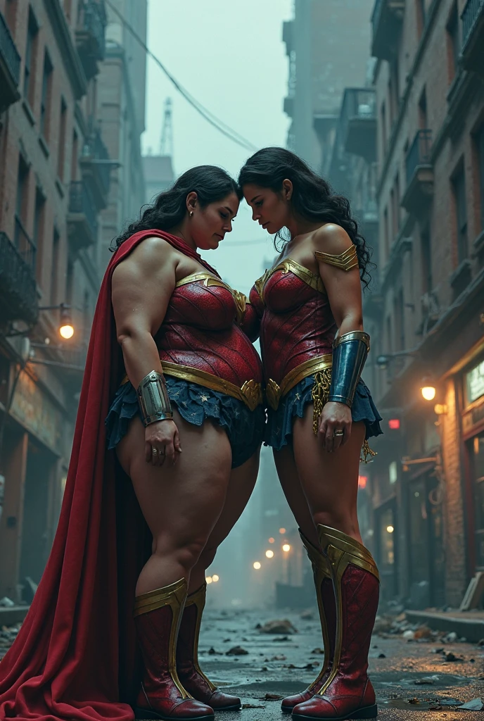 two ladies having big butts and big boobs fighting with sard in the fair and lighting in the sky in night