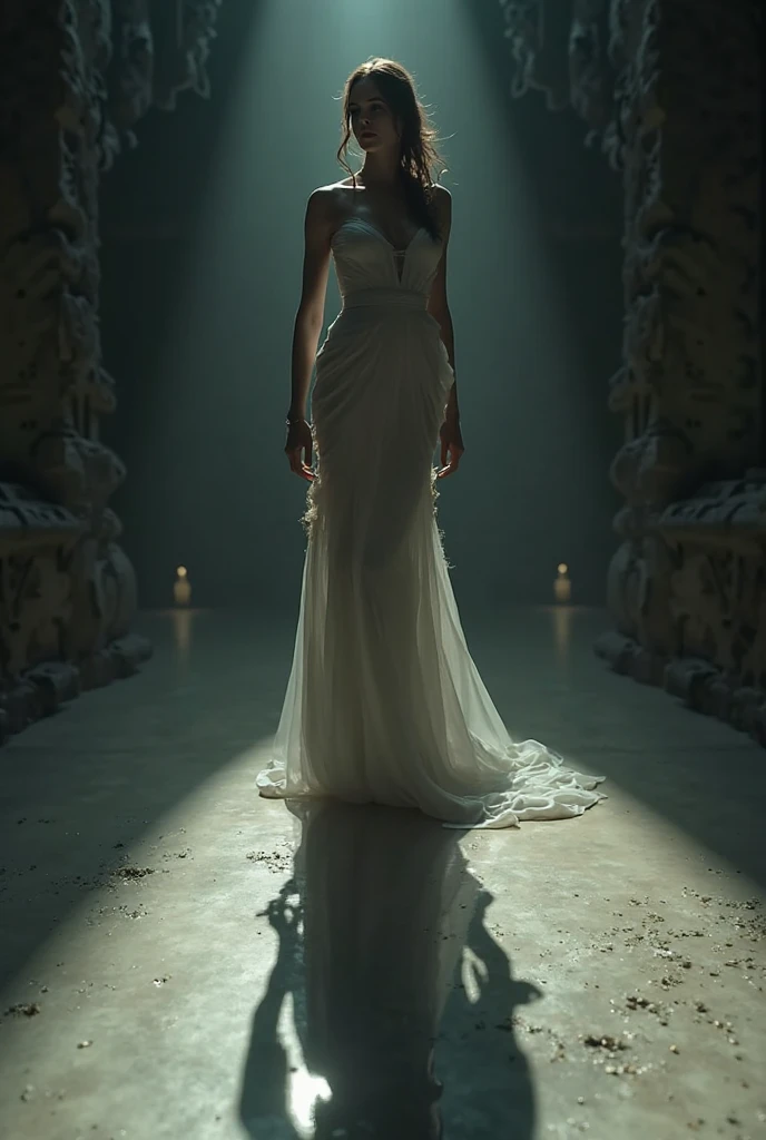 Woman in a white dress standing in a large room, dramatic lighting fantasy, unreal engine render + uma deusa, Retrato da Rainha da Luz, Arte de Clemilton Barbosa