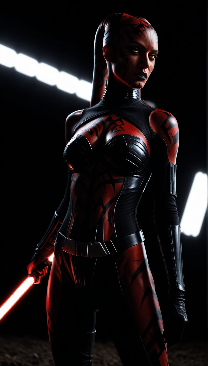 A girl, Sith Lord, red skin, fit body, sexy body, holding one red light saber in her hand, wearing a black crop top with a hood, underboob, black skirt, darth talon:0.8, at the starship, Star Wars, j j abrams, photorealistic, sharp focus, depth of field, vogue magazine, fashion photo, cinematic lighting, rim light, cozy:1.2, neon