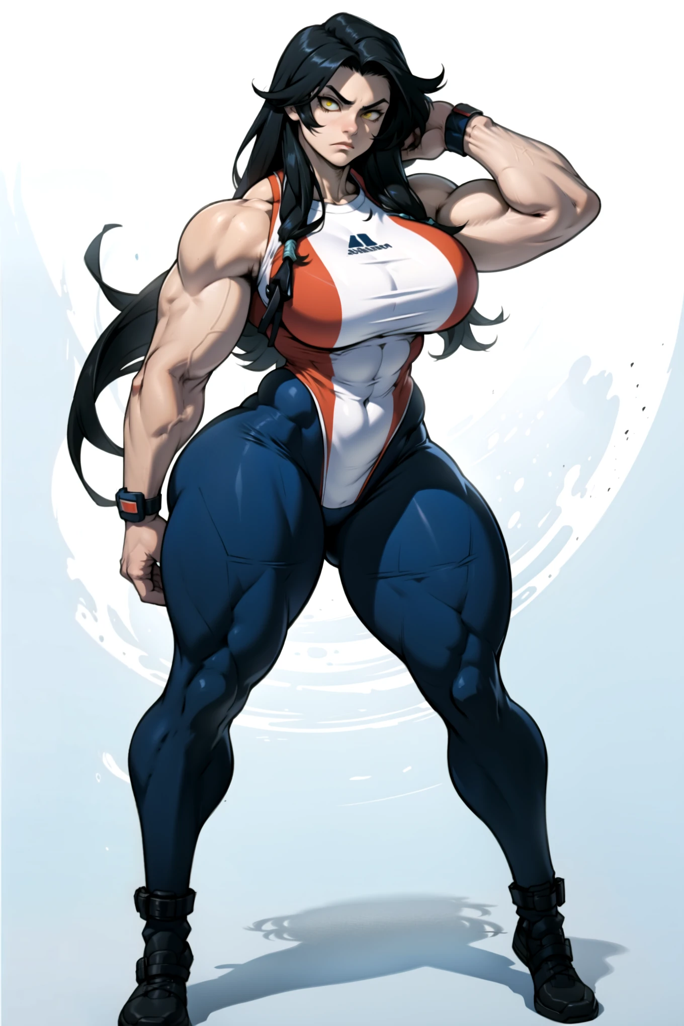 grey background, solo, ((1girl)), (Sexual Erotic Pose:1.5), very long hair, black hair, (Massive Female Bodybuilder:1.7), (GIANT BREASTS), (thick thighs), (wide hips), pale skin, standing, slick hair