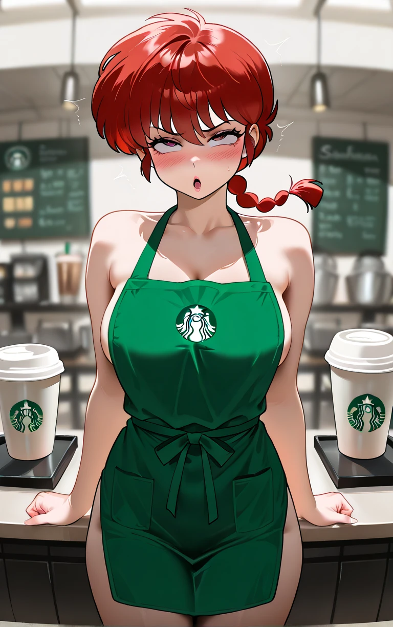 RanmaChan, Red hair, Braided hair, blue eyes, detailed eyes, whole body, Cleavage Bulge, POV Breast Grab, Bust Cup / Cum In-between Booba, iced latte with breast milk